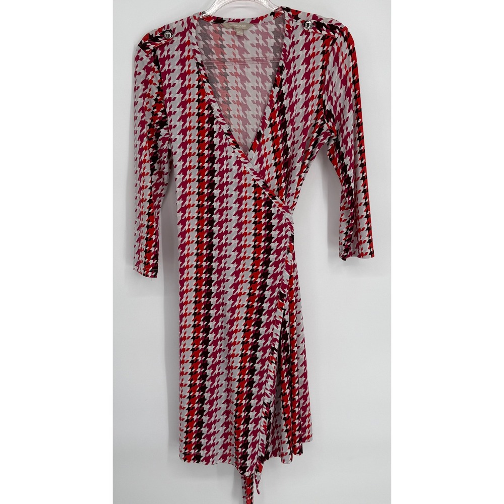 Banana Republic Red Houndstooth‎ Wrap Dress 3/4 Sleeve Shoulder Button Sz S
